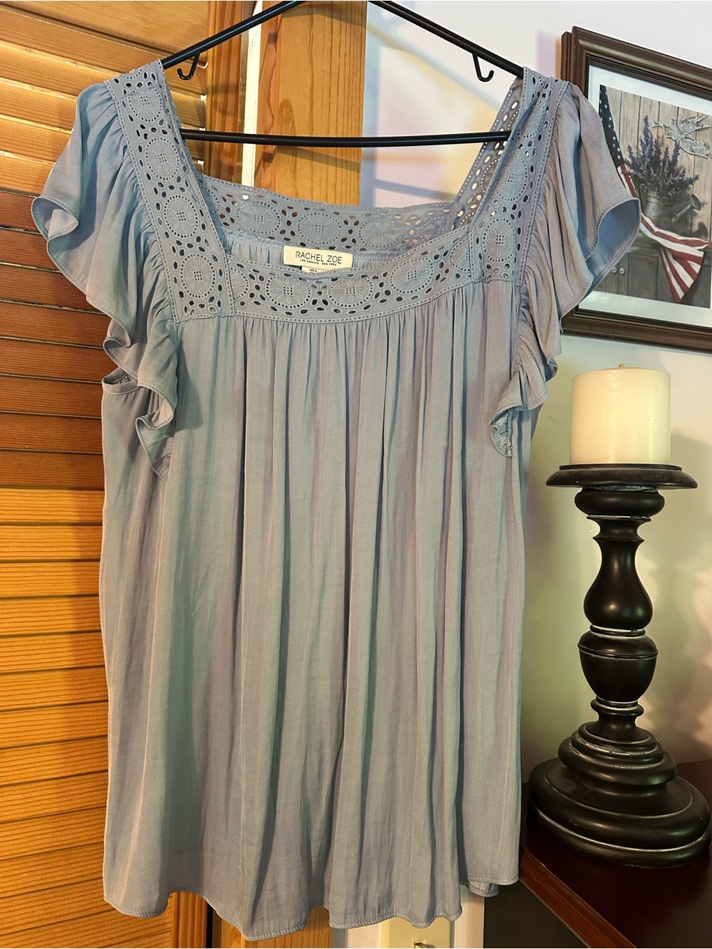 Rachel Zoe Pastel Blue Crochet-Trim Flutter-Sleeve Blouse